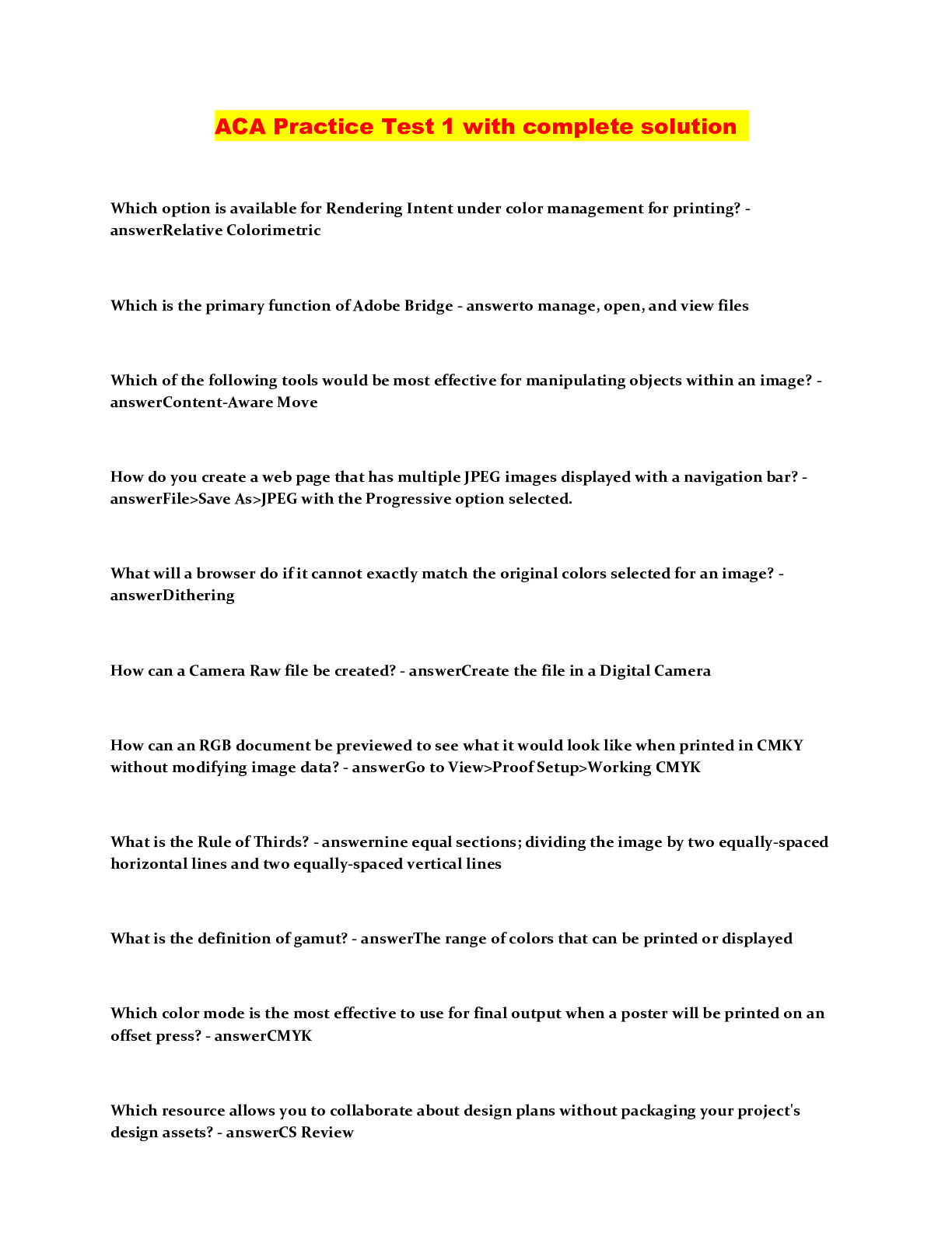 Preview image of ACA Practice Test 1 with complete solution document